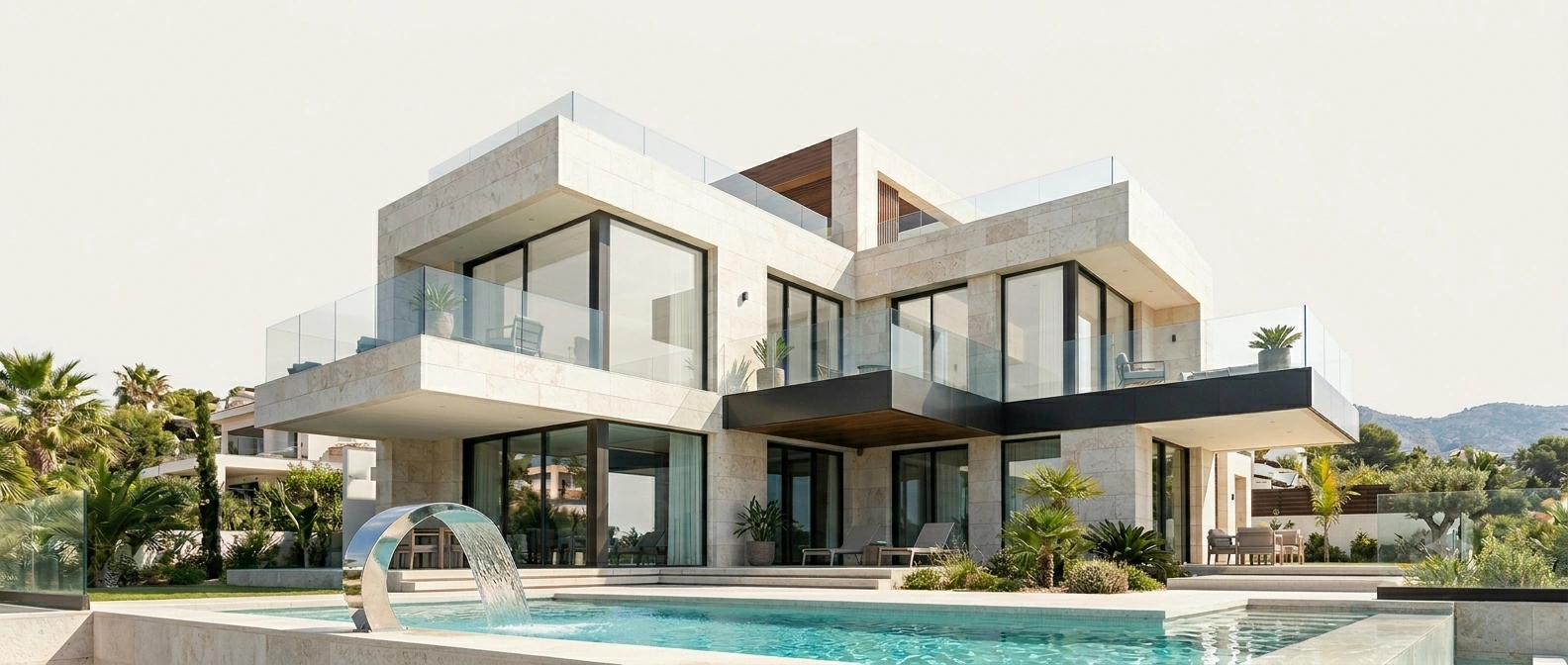 Render fotorrealista de villa contemporánea con piscina