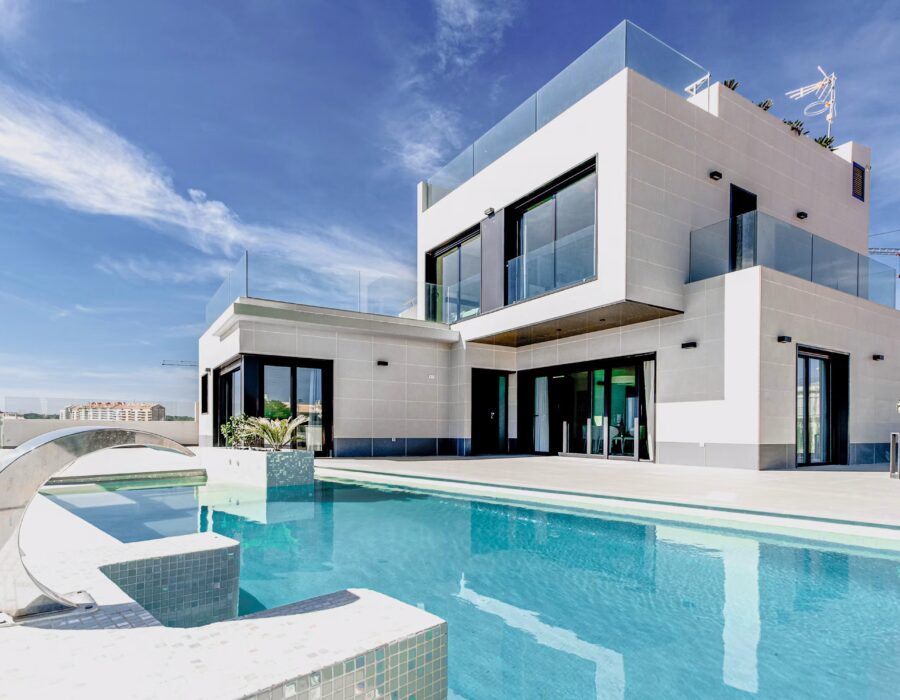 Render fotorrealista de villa contemporánea con piscina